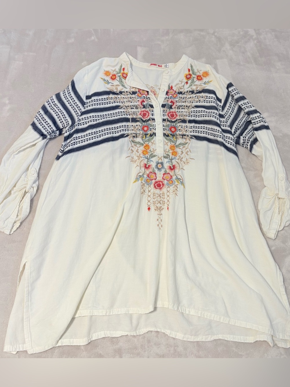 JOHNNY WAS White Boho Floral Embroidered Tunic Top‎ large